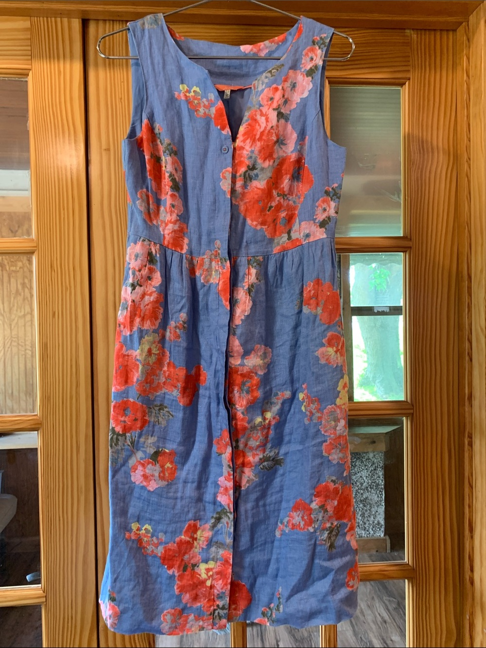 Women's Joules Lisia Linen 100% Flax Knee Length Button Down Dress Blue Floral 6